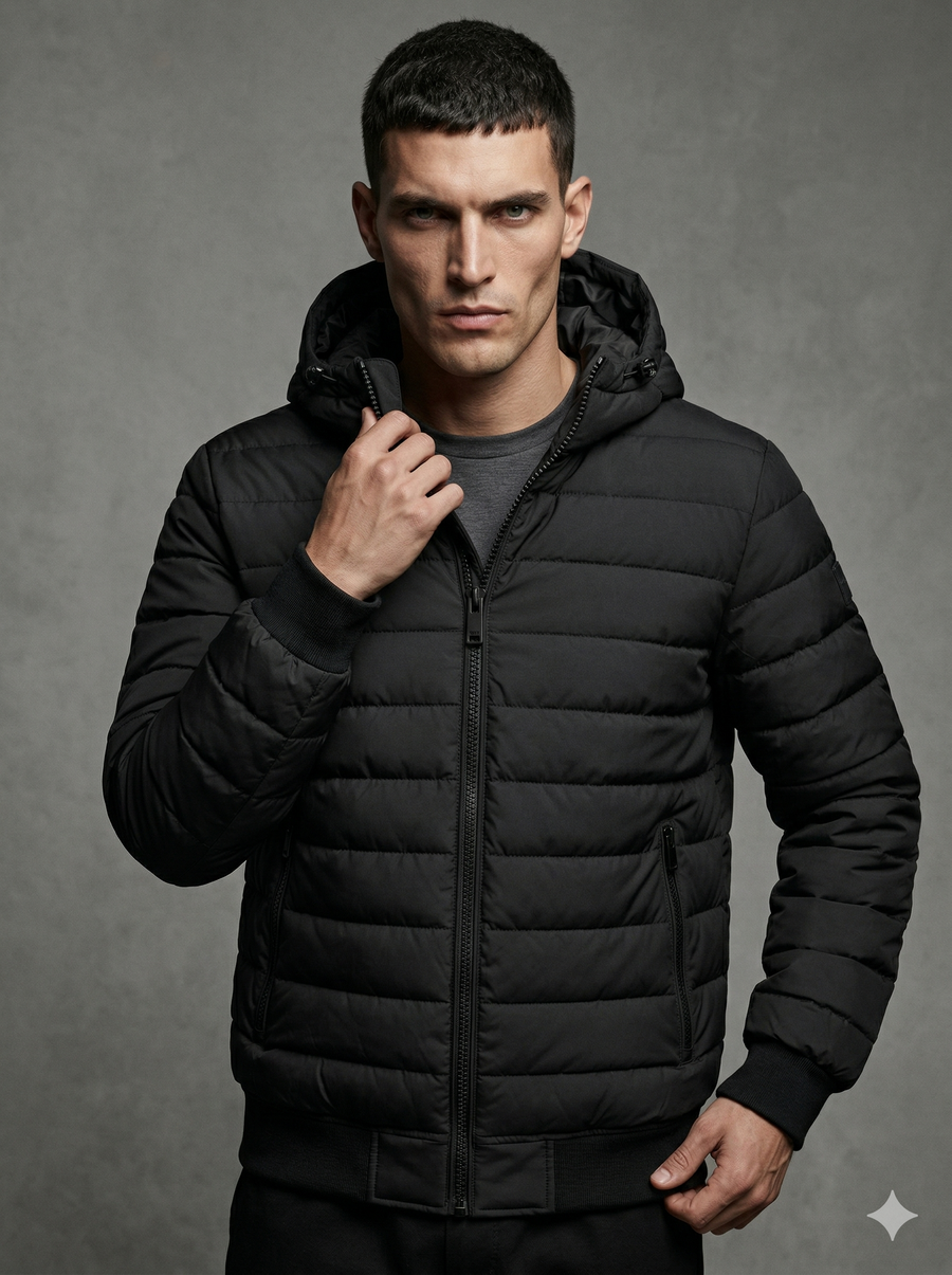 DKNY Mens Quilted Performance Hooded Bomber Down Jacket