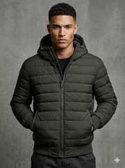 DKNY Mens Quilted Performance Hooded Bomber Down Jacket