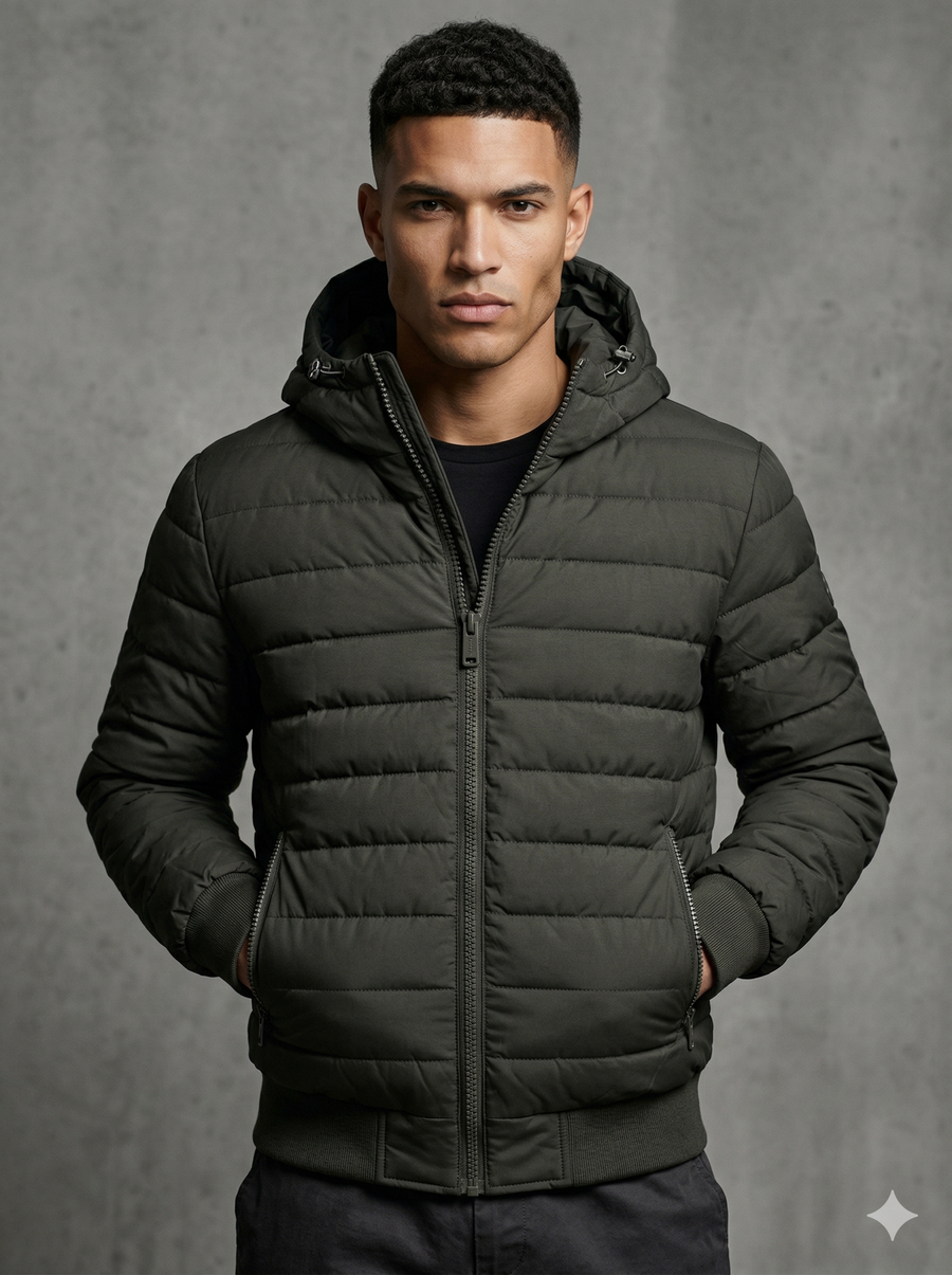 DKNY Mens Quilted Performance Hooded Bomber Down Jacket