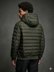 DKNY Mens Quilted Performance Hooded Bomber Down Jacket