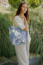 Hana Tote - Sky Tie Dye Canvas, Natural Leather - TheHans